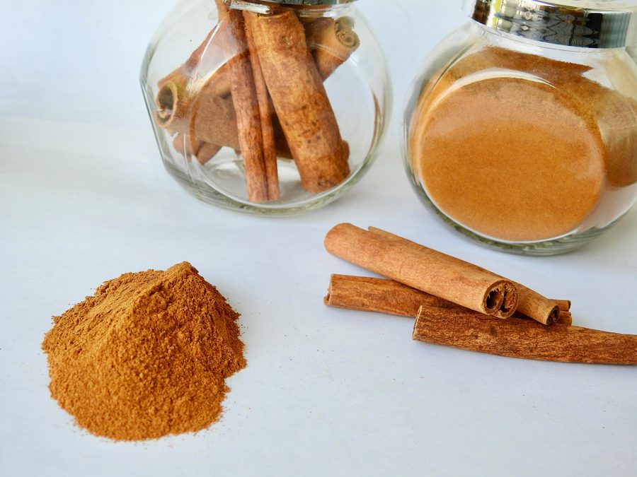 Rama de canela con polvo de canela al lado