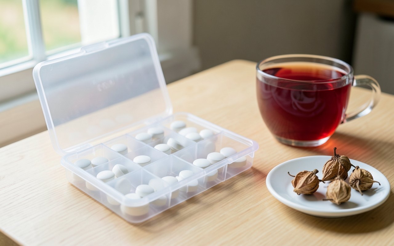Pastillero abierto con pastillas blancas junto a una taza de infusión roja sobre una mesa de madera