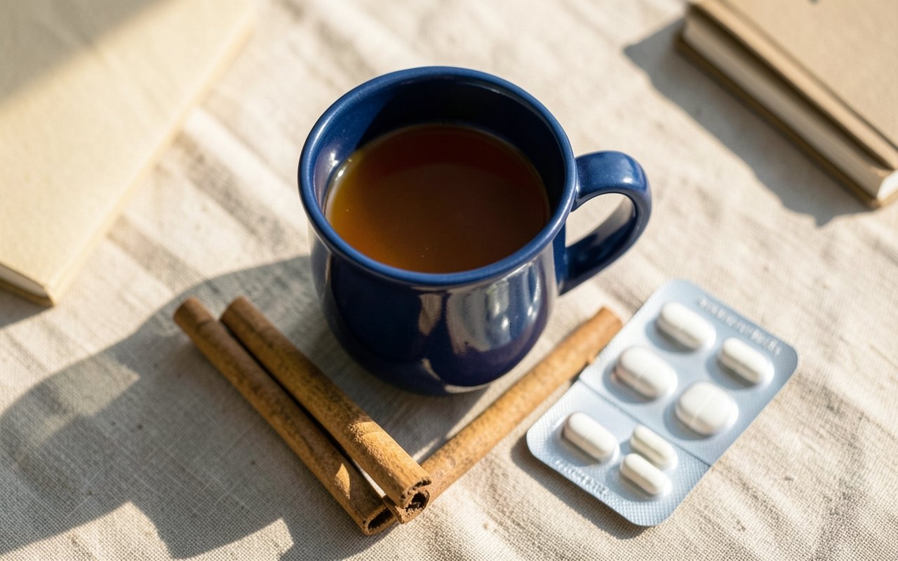 Taza de infusión de canela con ramas de canela junto a un blíster de pastillas blancas alargadas