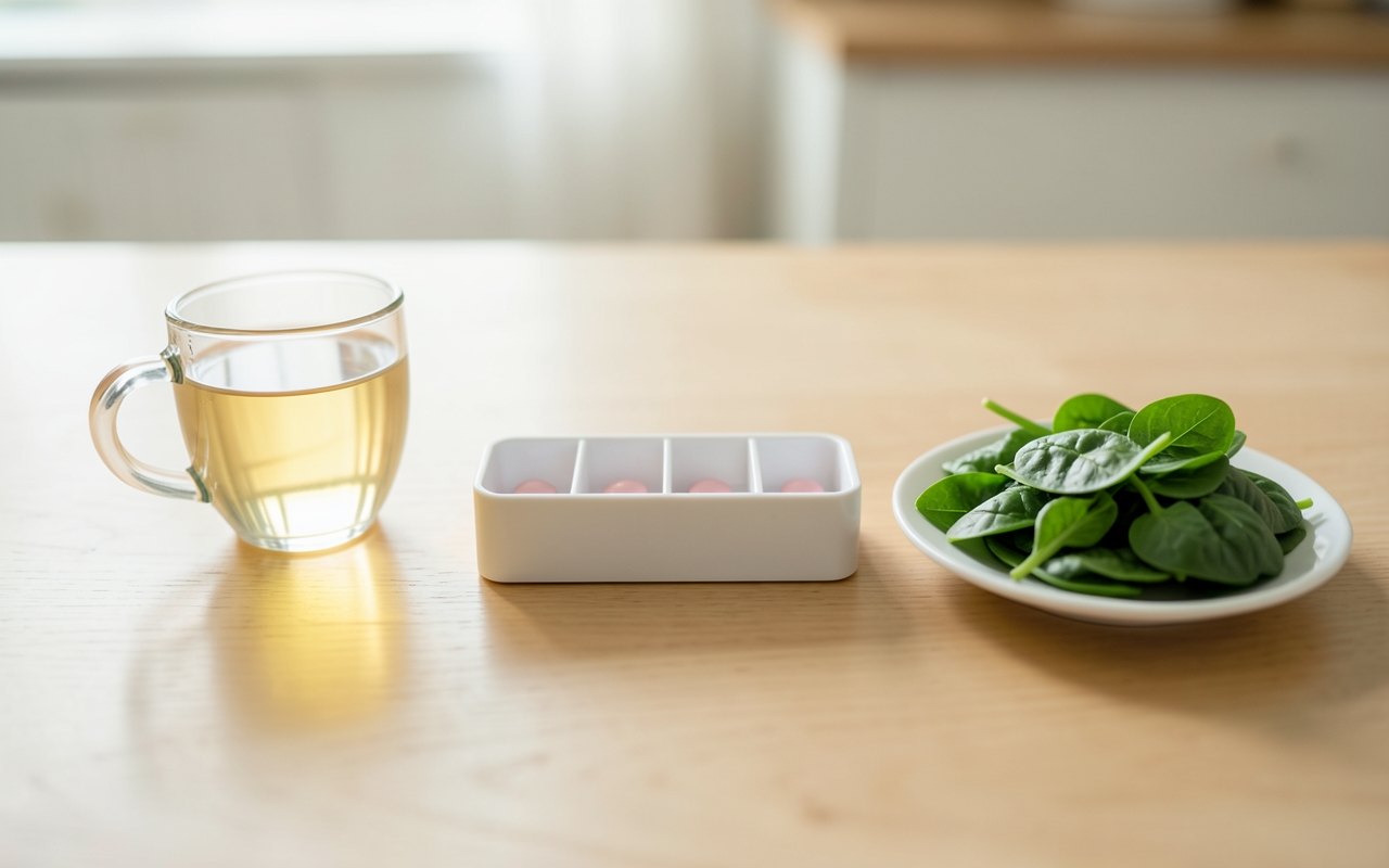 Taza de infusión clara junto a un pastillero abierto y un plato con hojas de espinaca, sobre una mesa de cocina