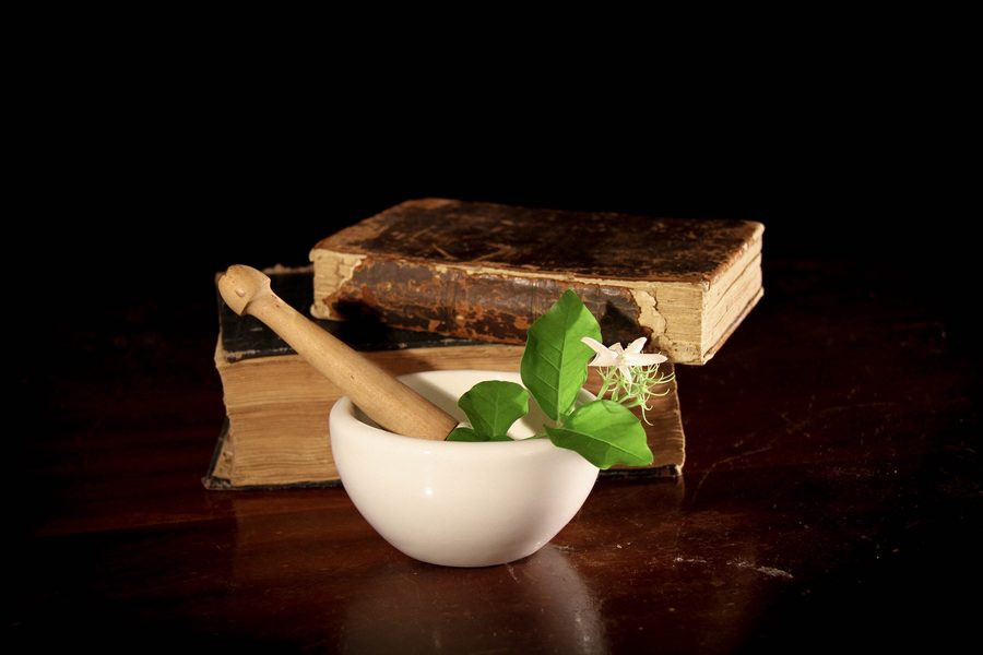 Plantas medicinales y hierbas naturales sobre una mesa de madera